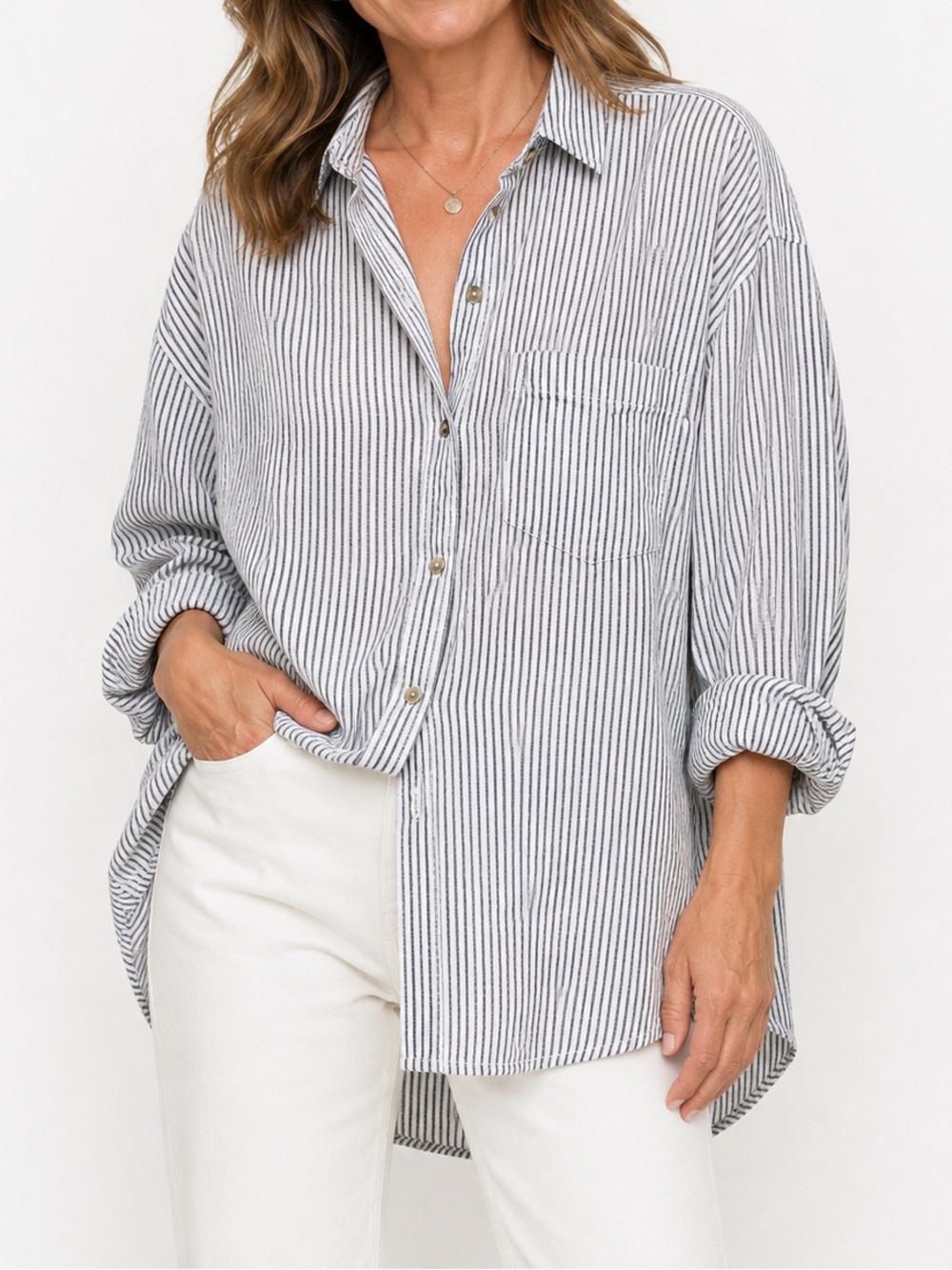 Every Oversized Boyfriend Fit Button-Down Black & White Striped Shirt Sz Medium